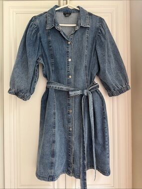 City Chic Washed Blue Denim Midi Shirt Dress with Tie Belt